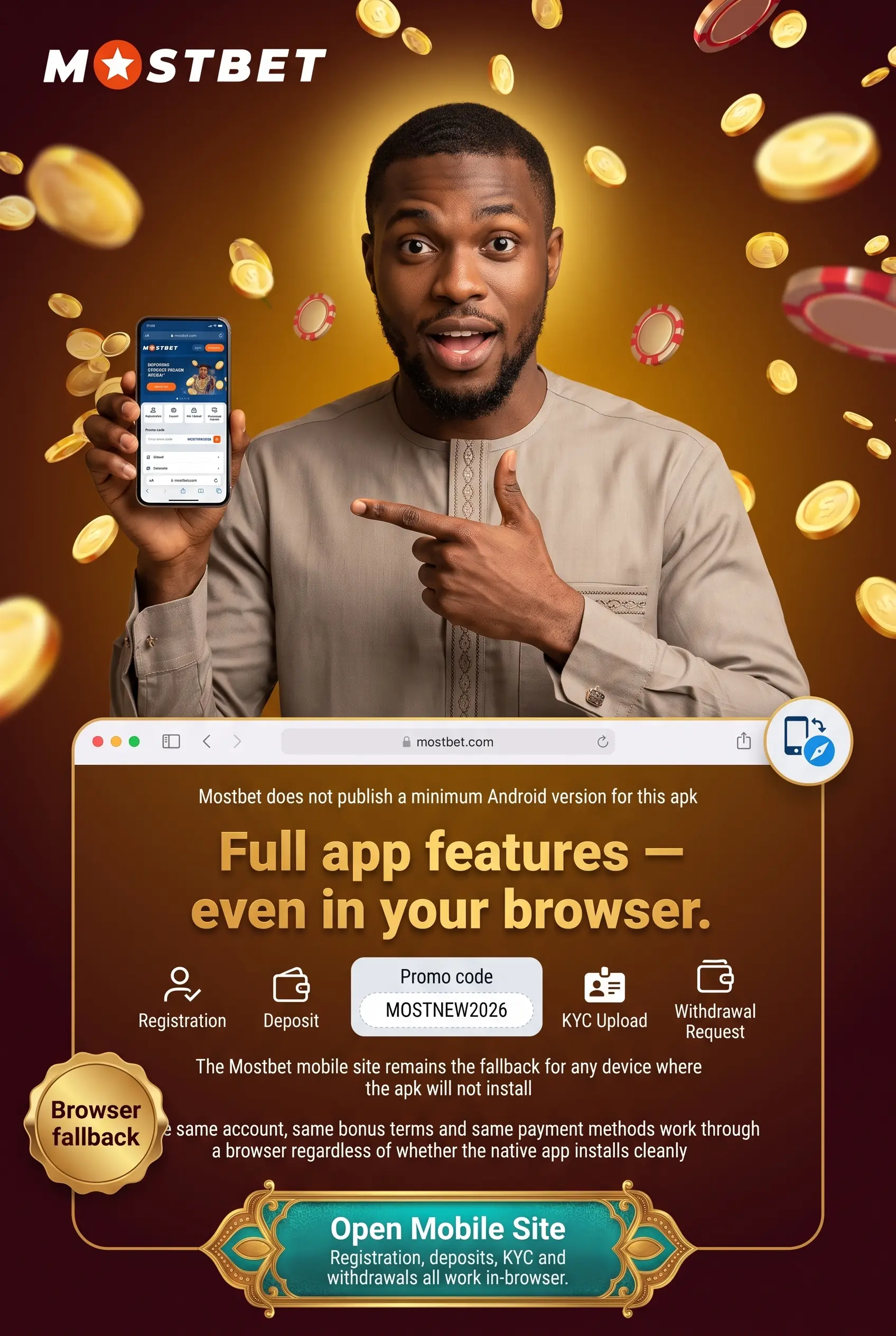 Phones and Android versions for Mostbet apk